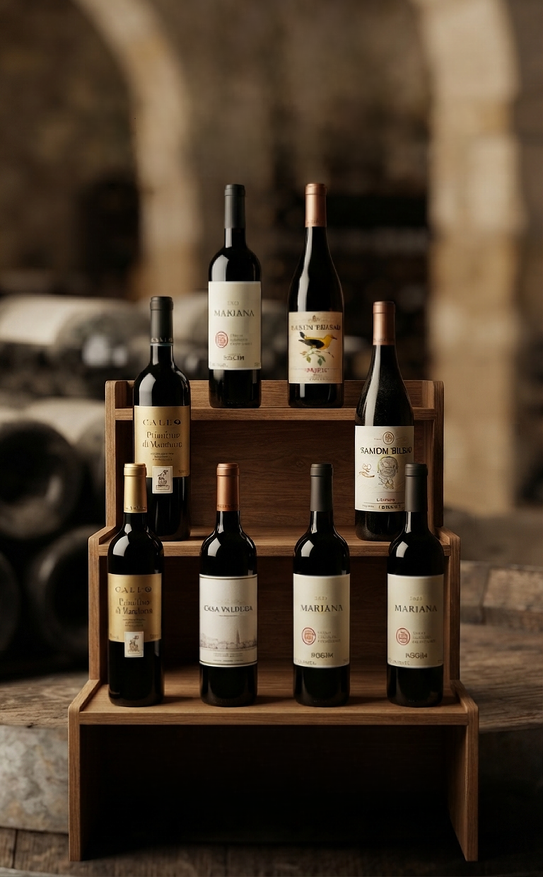 Prateleiras da Adega Garcia com vinhos selecionados